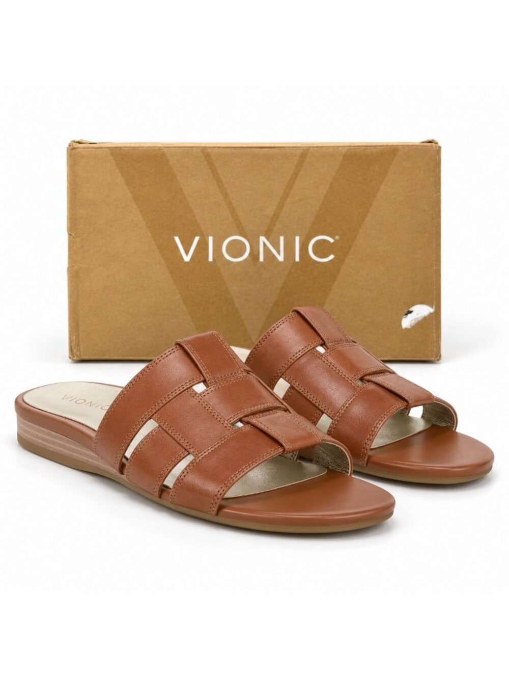 Vionic Glendora Supportive Womens 6 M Tan Leather Slide Sandals Arch Support